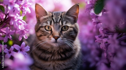 Stripped cat is sitting in a bushel full of spring lilacs and see at camera