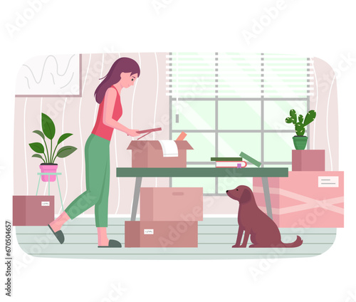 Family moving to new house, rented apartment. Changing place of residence, relocation, rental of premises concept. Young couple unpacking things after shipping, woman putting things in boxes at home