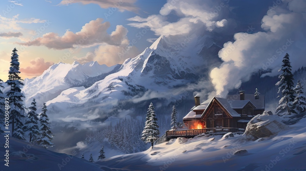 Fototapeta premium Winter retreat, cozy cabin, snowy alpine charm, warm sanctuary, serene cold-weather scene. Generated by AI.