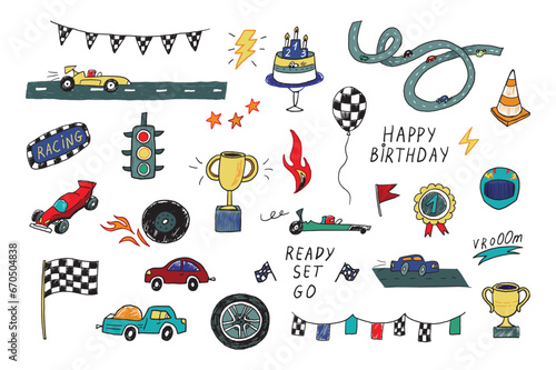 Racing cars Happy Birthday vector illustrations set. photo