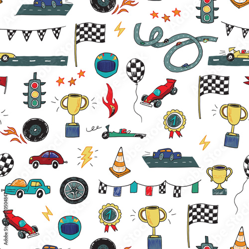 Racing cars vector doodle seamless pattern.