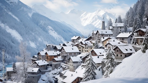 A picturesque alpine village with rooftops covered in snow. Winter serenity, scenic hamlet, snow-draped houses, cozy cabins, cold-weather allure. Generated by AI.