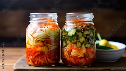Kimchi cabbage, cucumber and radish in a jar, Korean food
