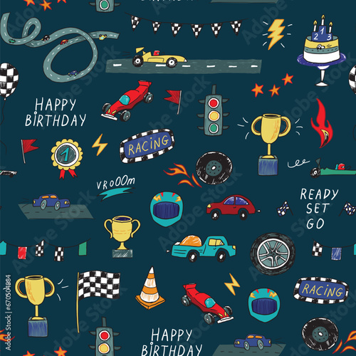 Racing cars birthday vector seamless pattern.