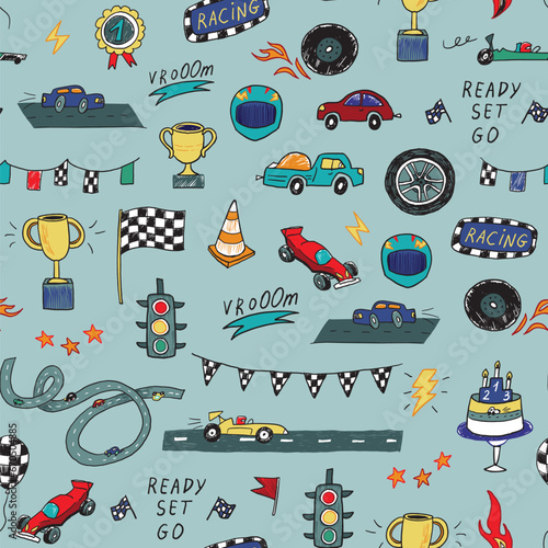 Racing cars vector doodle seamless pattern.