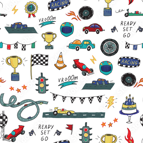 Racing cars vector doodle seamless pattern.