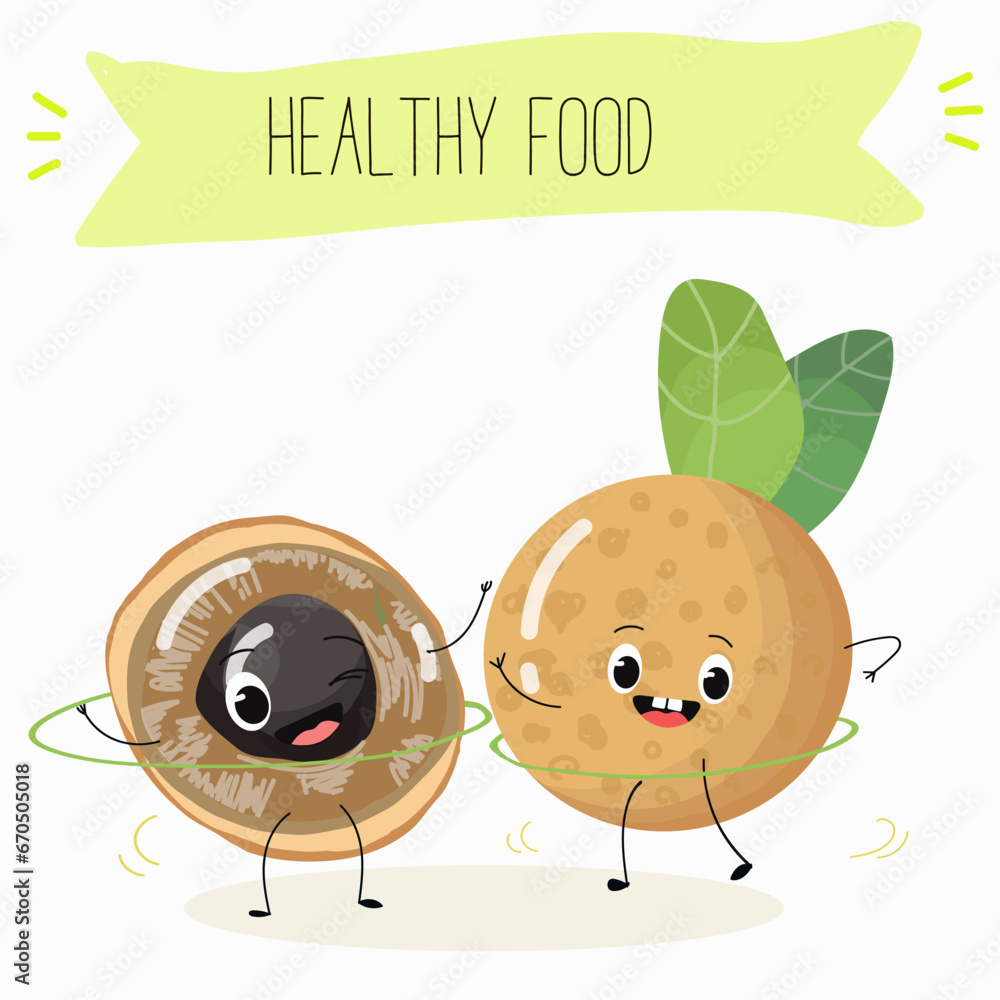 Vector cartoon character longan, funny vegetables, fruits. Fresh harvest, exotic, organic, vegetarian products, children's birthday, price tag, sticker. Vector cartoon character longan, funny vegetables, fruits. Fresh harvest, exotic, organic, vegetarian products, children's birthday, price tag, sticker.
