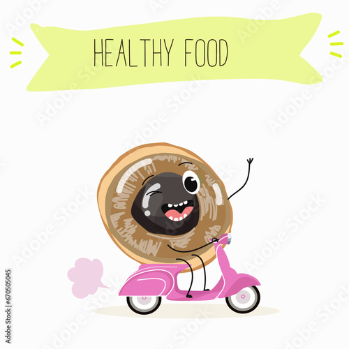 Vector cartoon character longan, funny vegetables, fruits. Fresh harvest, exotic, organic, vegetarian products, children's birthday, price tag, sticker.