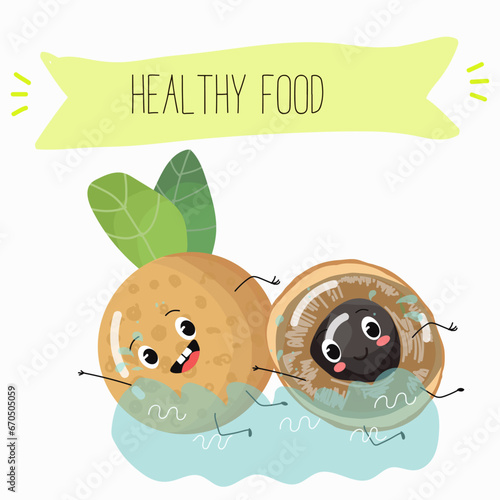 Vector cartoon character longan, funny vegetables, fruits. Fresh harvest, exotic, organic, vegetarian products, children's birthday, price tag, sticker.