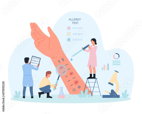 Allergy test on patients skin vector illustration. Cartoon tiny people holding pipette to drop on human arm, doctors allergists with magnifying glass research allergic reaction at hospital examination