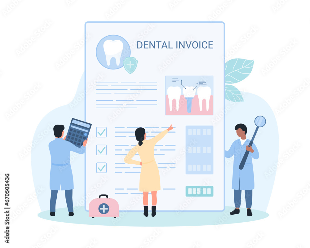 Dental insurance for tooth care, bill cost coverage vector illustration. Cartoon tiny people with magnifying glass and calculator study checklist form for treatment, orthodontic service for implant