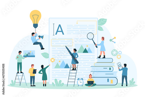 Content creation service vector illustration. Cartoon tiny copywriters create article, people write text of paper document with pen, edit creative blog post in social media with magnifying glass