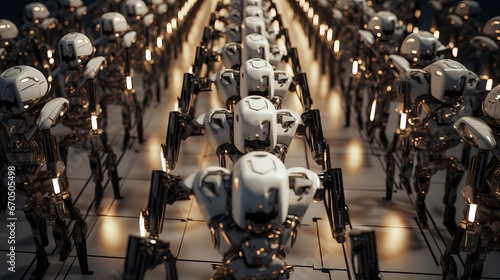 Wallpaper Mural A factory scene featuring rows of futuristic robots in a manufacturing assembly line, representing the automation and production of advanced technology. Torontodigital.ca