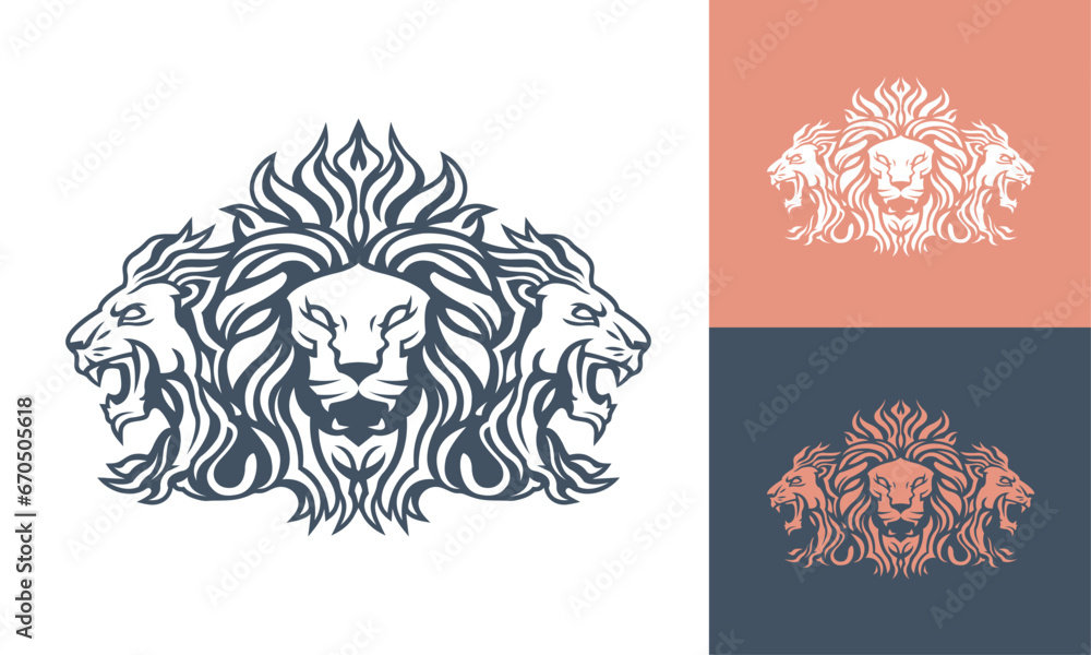 Triple Lion face mascot front and side view vector art image business company logo template, brand identity logotype on white and dark backgrounds.