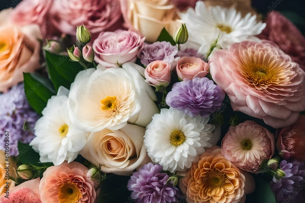Arrange a stunning bridal bouquet against a soft, romantic backdrop. Highlight the different flower varieties and their delicate arrangement