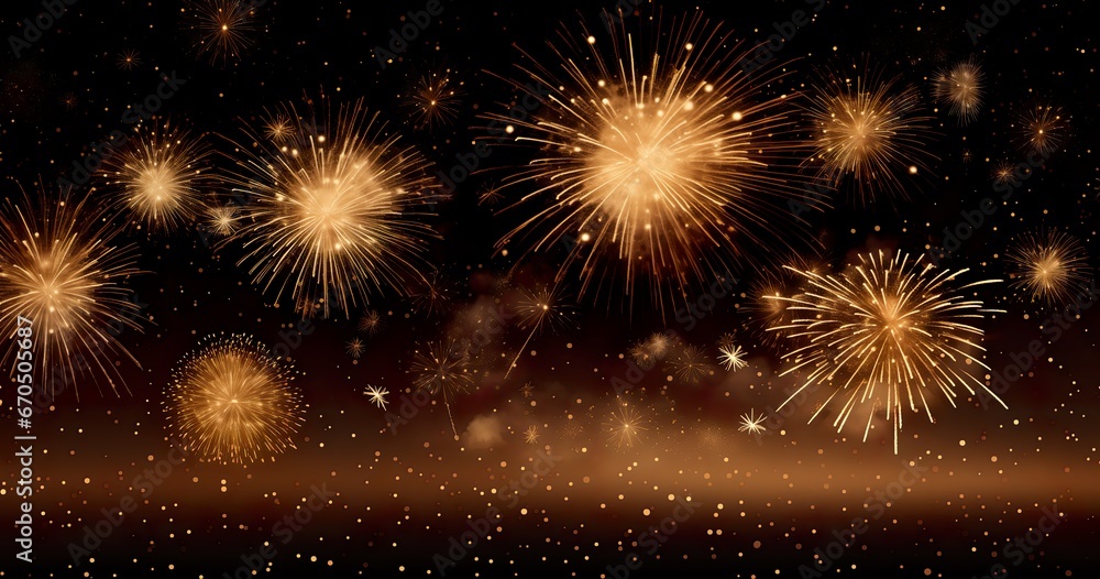 Golden fireworks with bokeh effects creating an abstract New Year ambiance, space for text placement. Realistic fireworks isolated on dark backdrop, adding a touch of festive celebration.