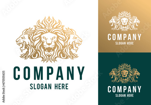 Golden Lion King heads mascot front and side view company logo vector line art illustration on black and white background. Triple Lion faces and mane business logo design.