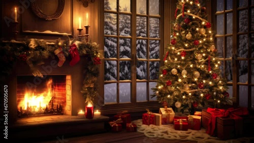 Christmas tree with ornaments, glowing fireplace, and wrapped presents. Festive season ambiance.