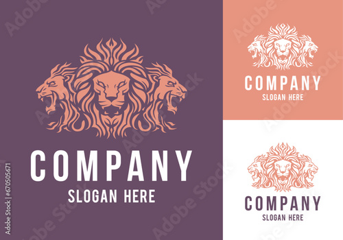 Lion King heads mascot front and side view company logo vector line art illustration on black and white background. Triple Lion faces and mane business logo design.