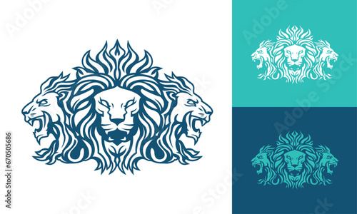 Three Lion King head logo template design line art vector illustration isolated on white and dark backgrounds. Triple Lion face with mane hair brand identity logotype design.
