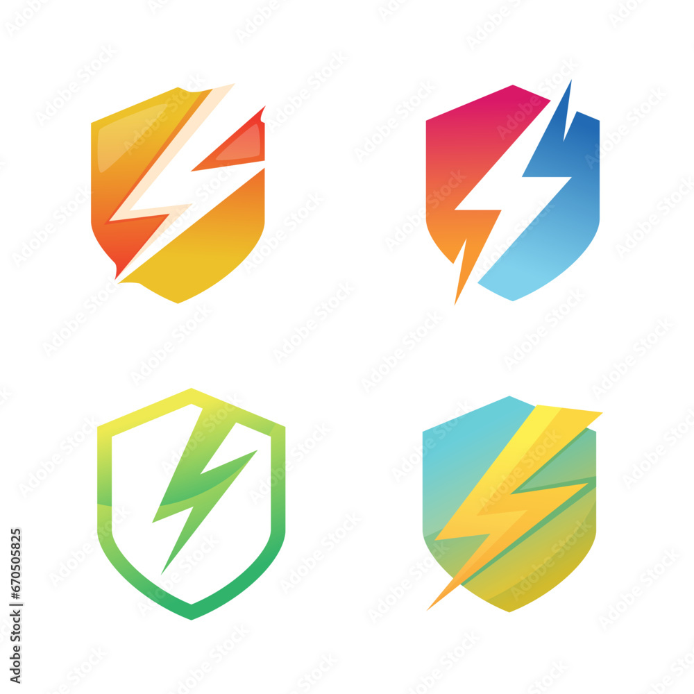 Set of power shield logo. Thunderbolt with shield protection logo design Set of power shield logo. Thunderbolt with shield protection logo design
