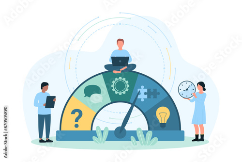 Improvement of soft business skills vector illustration. Cartoon tiny people move arrow on indicator to improve leadership, problem solving and social communication ability of person or team