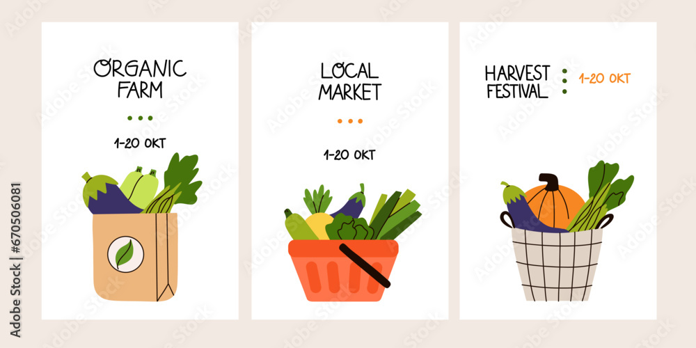 Local market, organic farm shop, harvest festival greeting invitation banner and poster. Social media post. Grocery in eco package, box and bag, trolley and basket cartoon flat vector illustration