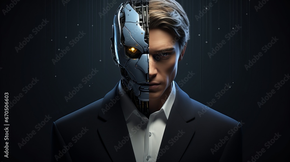 An image of a man with half of his face replaced by a robotic interface, highlighting the fusion of human and machine in a futuristic and dystopian setting. - obrazy, fototapety, plakaty 