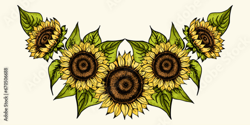 Sunflower border. Sketch style flowers and leaves frame, black seeds. Yellow petals. Vintage decorative element. Greeting and invitation decor, oil packaging. Hand drawn botanical vector illustration