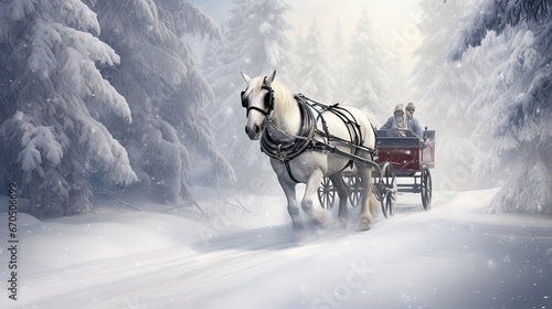 Snowy delight, horse-drawn sleigh ride, wintertime charm, gliding through the snow, serene and scenic winter scene. Generated by AI.