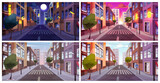 Street view of city during morning and daylight, evening with sunset and night with moon. Vector town with buildings and trees, pedestrian crossing and infrastructure. Panoramic scene