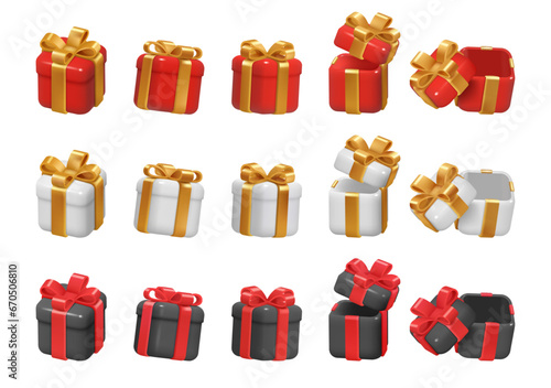 Giftboxes with decorative ribbons and opening lid. Vector isolated 3d icon set, cardboard box with surprise on holiday celebration, present for birthday, anniversary or christmas event