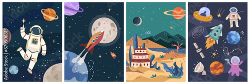 Space planet and astronauts, rocket and galaxy flat cartoon vector illustration. Universe and astronaut in starry sky, spaceman and rocket, fantasy alien world background