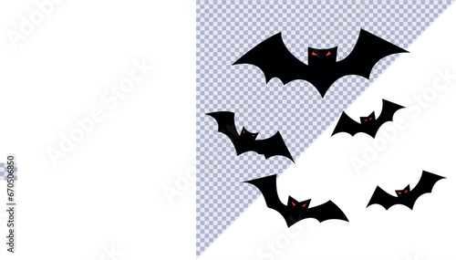 Bats horror set. Sticker with black mouse for Halloween decorations. Simple icon with animal from different sides flies, hangs, sleep. Cartoon flat vector collection isolated on white background © Suvankor