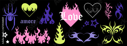 Y2k tattoo. Hearts with fire, butterfly, spider and gothic girly tribal abstract ornaments. Black silhouette. Modern retro stickers. 1990s, 2000s art. Cyber sigilism style, emo gothic vector icons