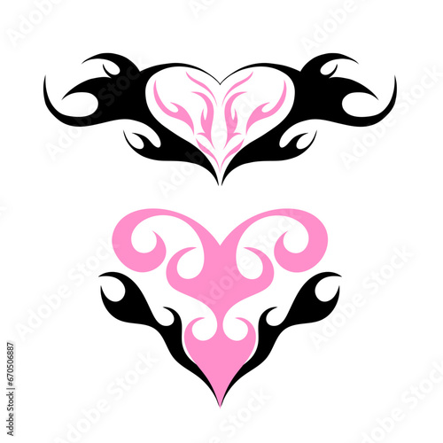 Y2k tattoo. Gothic girly tribal abstract ornaments. Black pink ink heart silhouette. Modern retro stickers. 1990s, 2000s art. Cyber sigilism style, emo gothic vector icons