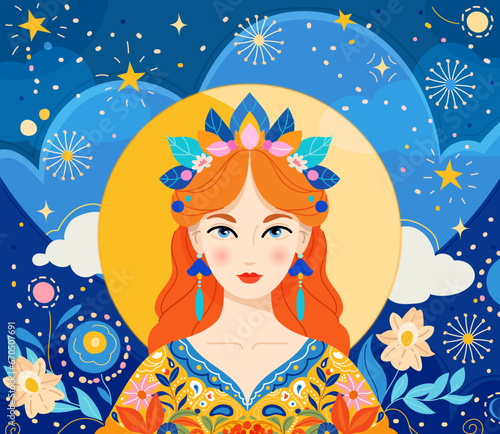 Magic portrait princess girl with leaves  flower on starry night background. Autumn Fairytale Vector hand drawn illustration in Boho style. Mysterious story