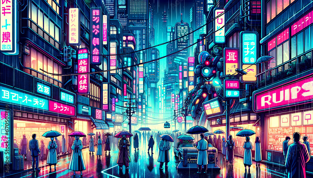 Ciudad cyberpunk Japón - obrazy, fototapety, plakaty 