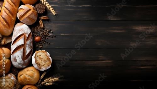 fresh breads on bakery board table counter, A variety of fresh baked goods and bread, Fresh bread, different types of fresh breads on bakery board table counter, Generative AI photo