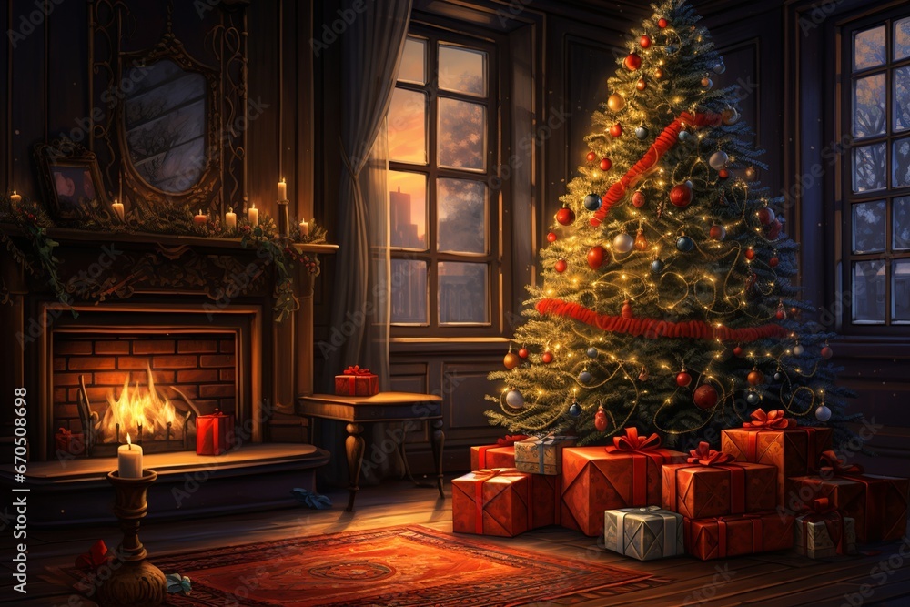 Christmas Tree, A Beautifully Decorated Focal Point, Radiating Festive Warmth with Its Shimmering Lights and a Collection of Wonderfully Wrapped Presents, in a Cozy