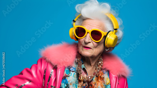 Cheerful elderly senior female in bright clothes headphones and sunglasses smiling and listen to music while standing against colorful background