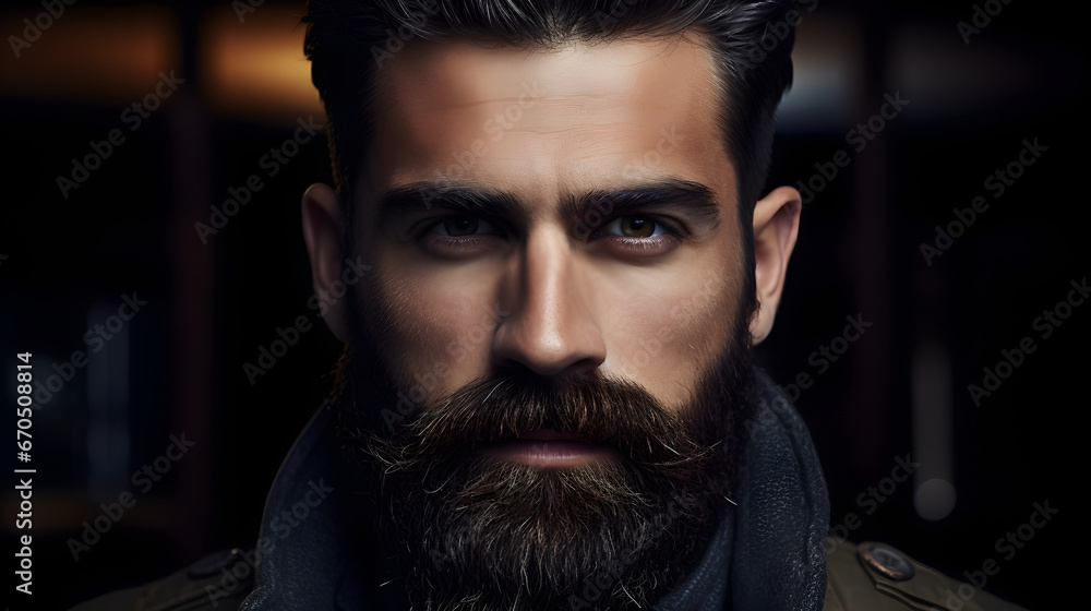 Fototapeta premium Perfect beard Close up. Handsome bearded young man close up. beautiful well-groomed dark beard of elegant hipster male.