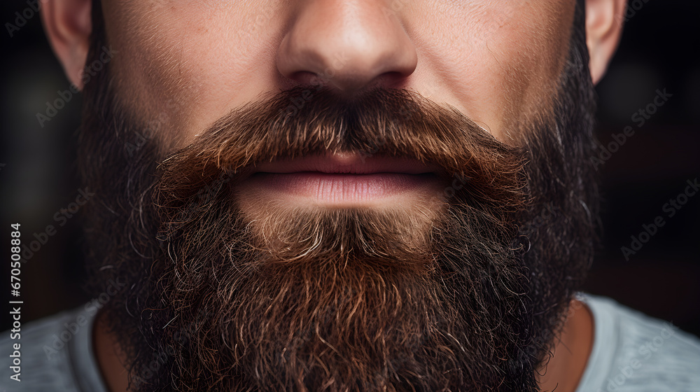 Obraz premium Perfect beard Close up. Handsome bearded young man close up. beautiful well-groomed dark beard of elegant hipster male.