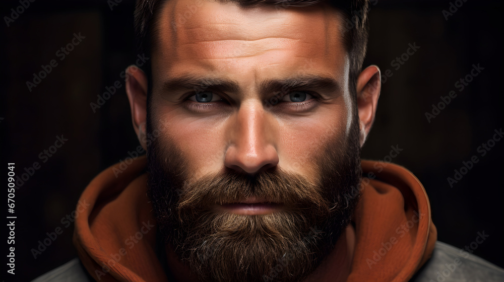 Fototapeta premium Perfect beard Close up. Handsome bearded young man close up. beautiful well-groomed dark beard of elegant hipster male.