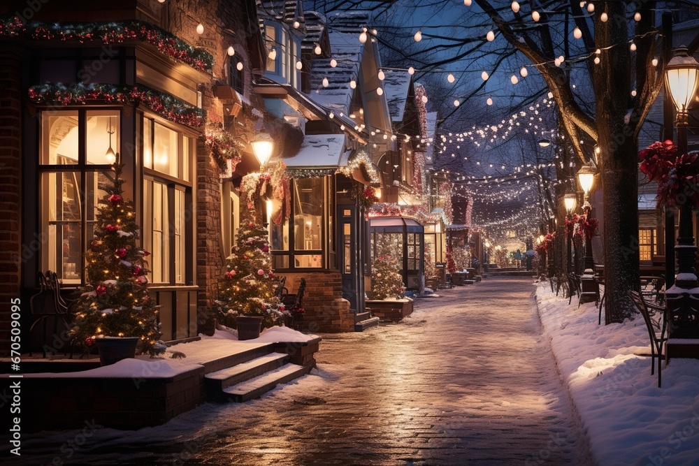 Christmas Street, A Vibrant Winter Wonderland Aglow with Twinkling Lights, Festive Decorations 