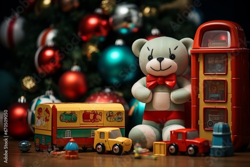 Christmas Gifts and Toys, A Magical Collection of Seasonal Presents and Playthings Adorning the Festive Christmas Scene, Inspiring Holiday Excitement