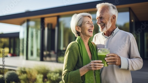 A retired couple drinks and enjoys a healthy green vegetable smoothie made from organic greens in the background of their home, Vegetarian detox diet for health