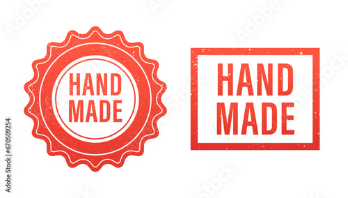 Hand made round grunge red stamp. Logo design elements - hand made, craft handmade studio, craft product hand made, premium quality. Vector illustration
