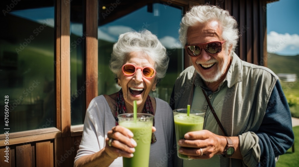 A retired couple drinks and enjoys a healthy green vegetable smoothie made from organic greens in the background of their home, Vegetarian detox diet for health - obrazy, fototapety, plakaty 