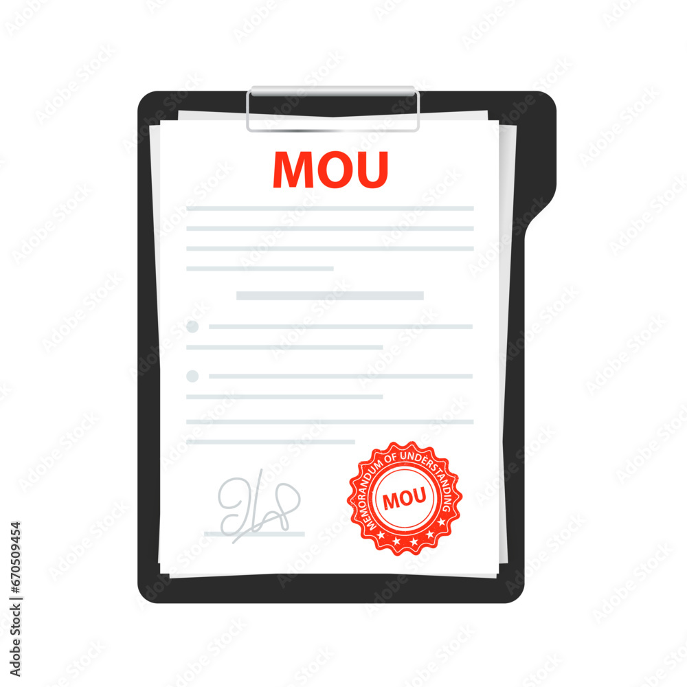 Memorandum of understanding concept. Document with text, stamp, seal and signature. Contract mockup with agreement. Realistic file. Financial, paperwork concept. Grunge red MOU. Vector illustration